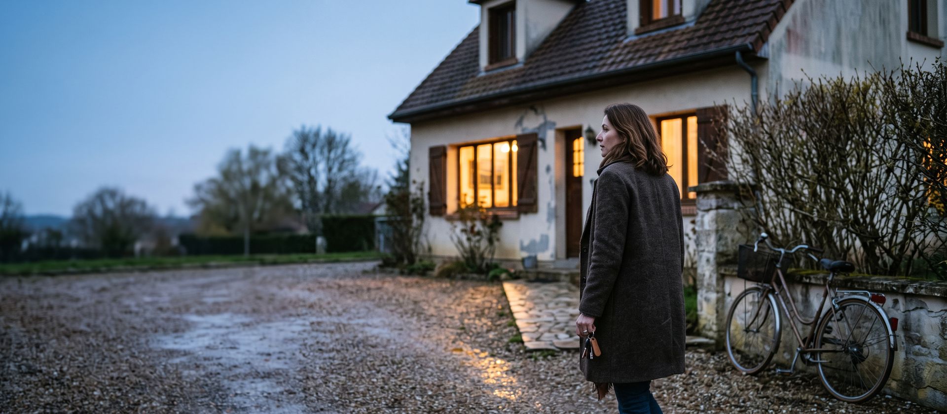 Une femme rentre chez elle à la tombée du jour, clés à la main, devant une maison dont les fenêtres sont allumées